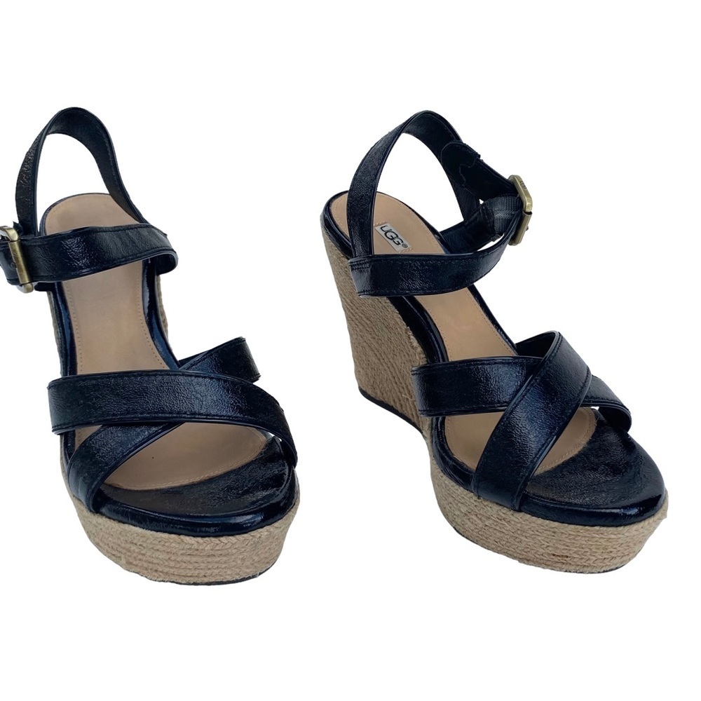 UGG Women’s Jacqueline Espadrille Black Patent Wedge Sandals, Ankle Strap Size 8 - Picture 4 of 15